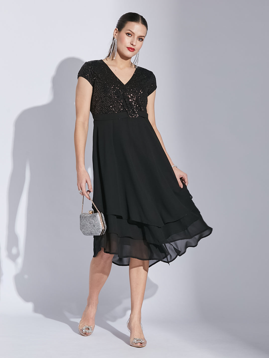 Latin Quarter Women Black V-Neck Half Sleeve Solid Fit And Flare Dress Latin Quarter Women Black V-Neck Half Sleeve Solid Fit And Flare Dress