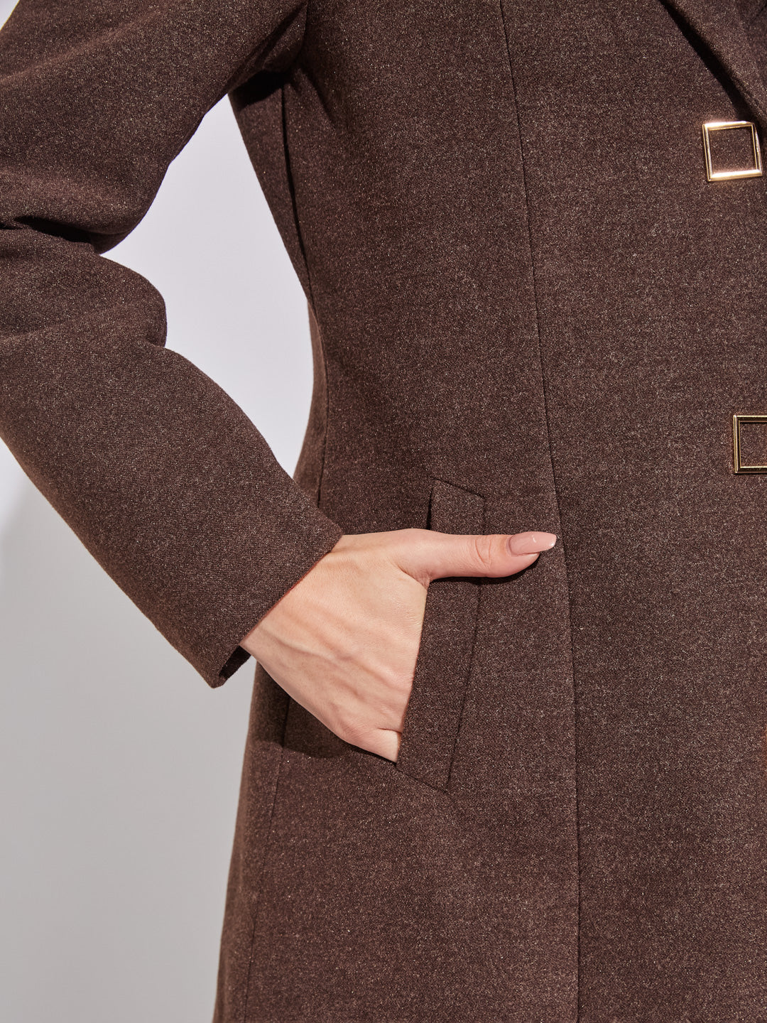 Latin Quarters Women Brown Solid Lapel Collar Full Sleeve Casual A-Line Coat