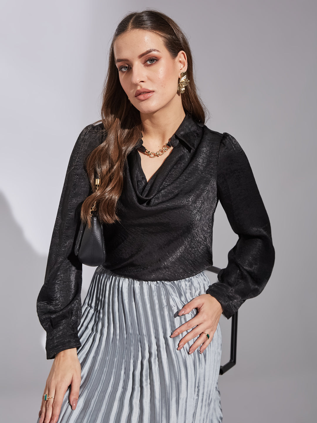 Latin Quarters Women's Black Full Sleeves Cowl Self Design Casual Regular Top