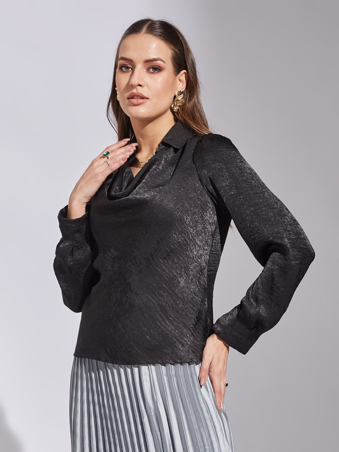 Latin Quarters Women's Black Full Sleeves Cowl Self Design Casual Regular Top