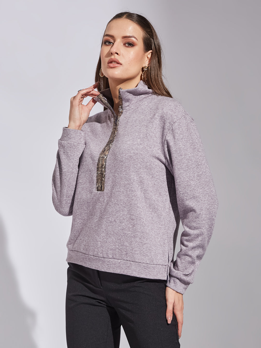 Latin Quarters Women Plum High Neck Full Sleeve Solid Sweatshirt
