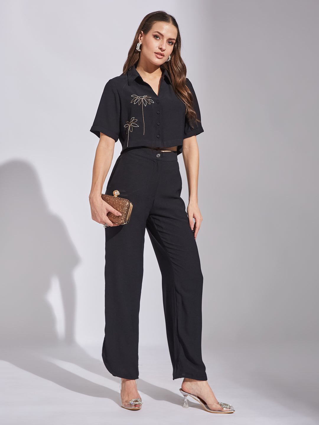 Latin Quarters Women Black Collar Neck Half Sleeves Solid Co-Ord Set