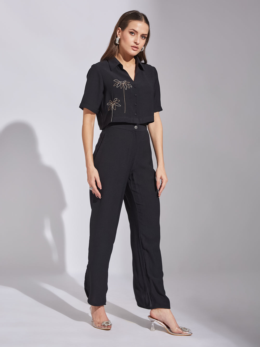 Latin Quarters Women Black Collar Neck Half Sleeves Solid Co-Ord Set