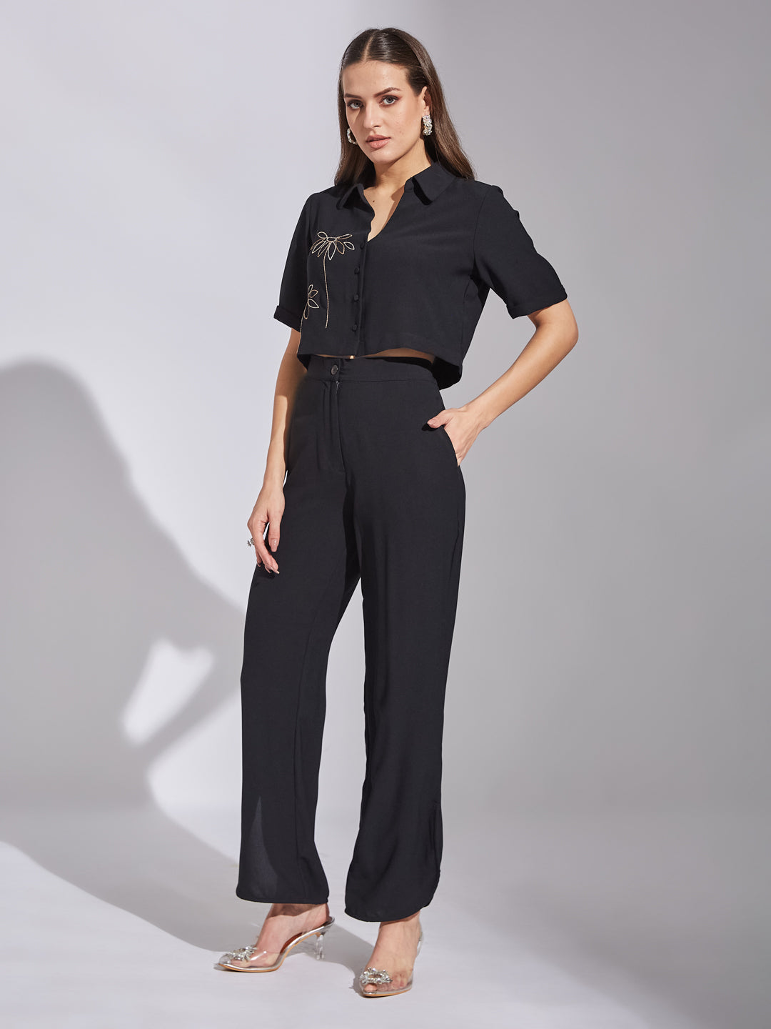 Latin Quarters Women Black Collar Neck Half Sleeves Solid Co-Ord Set