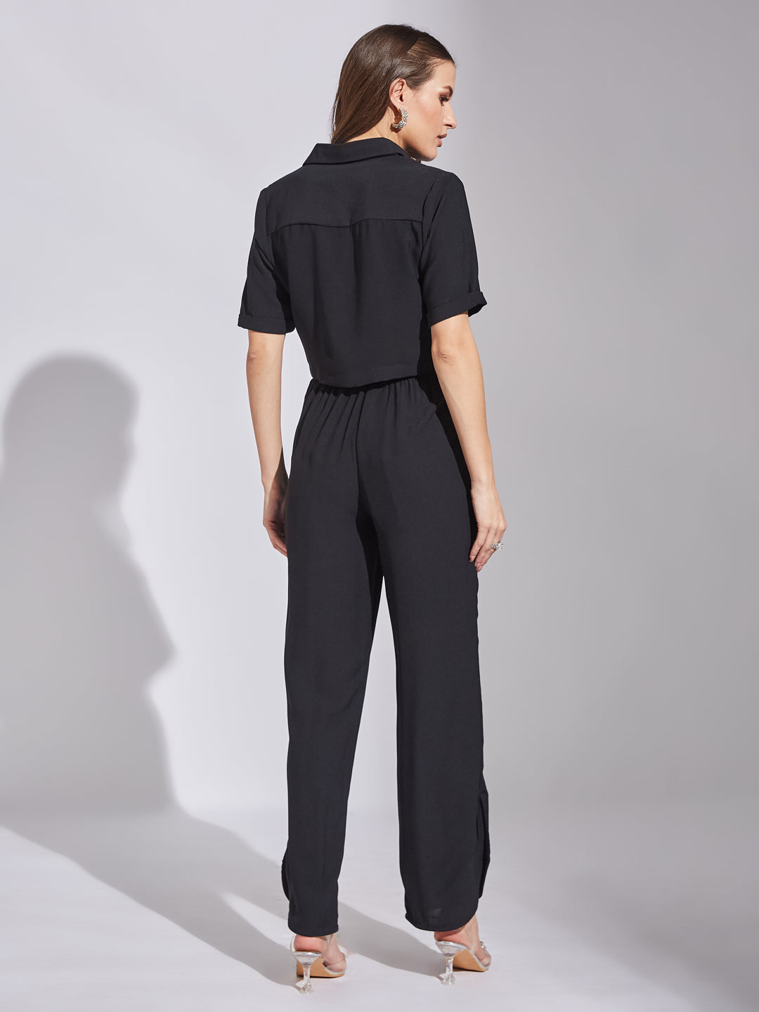 Latin Quarters Women Black Collar Neck Half Sleeves Solid Co-Ord Set