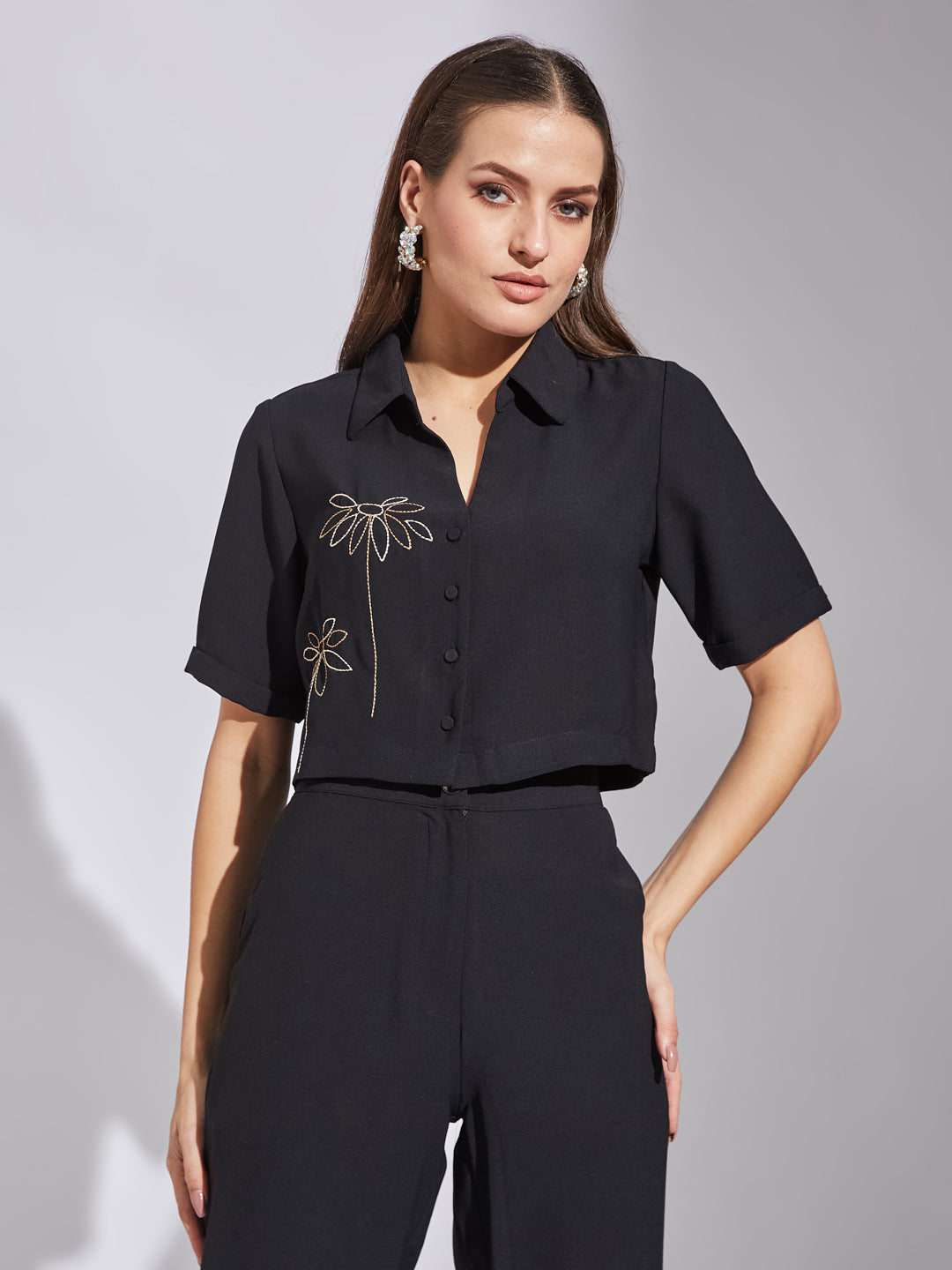 Latin Quarters Women Black Collar Neck Half Sleeves Solid Co-Ord Set