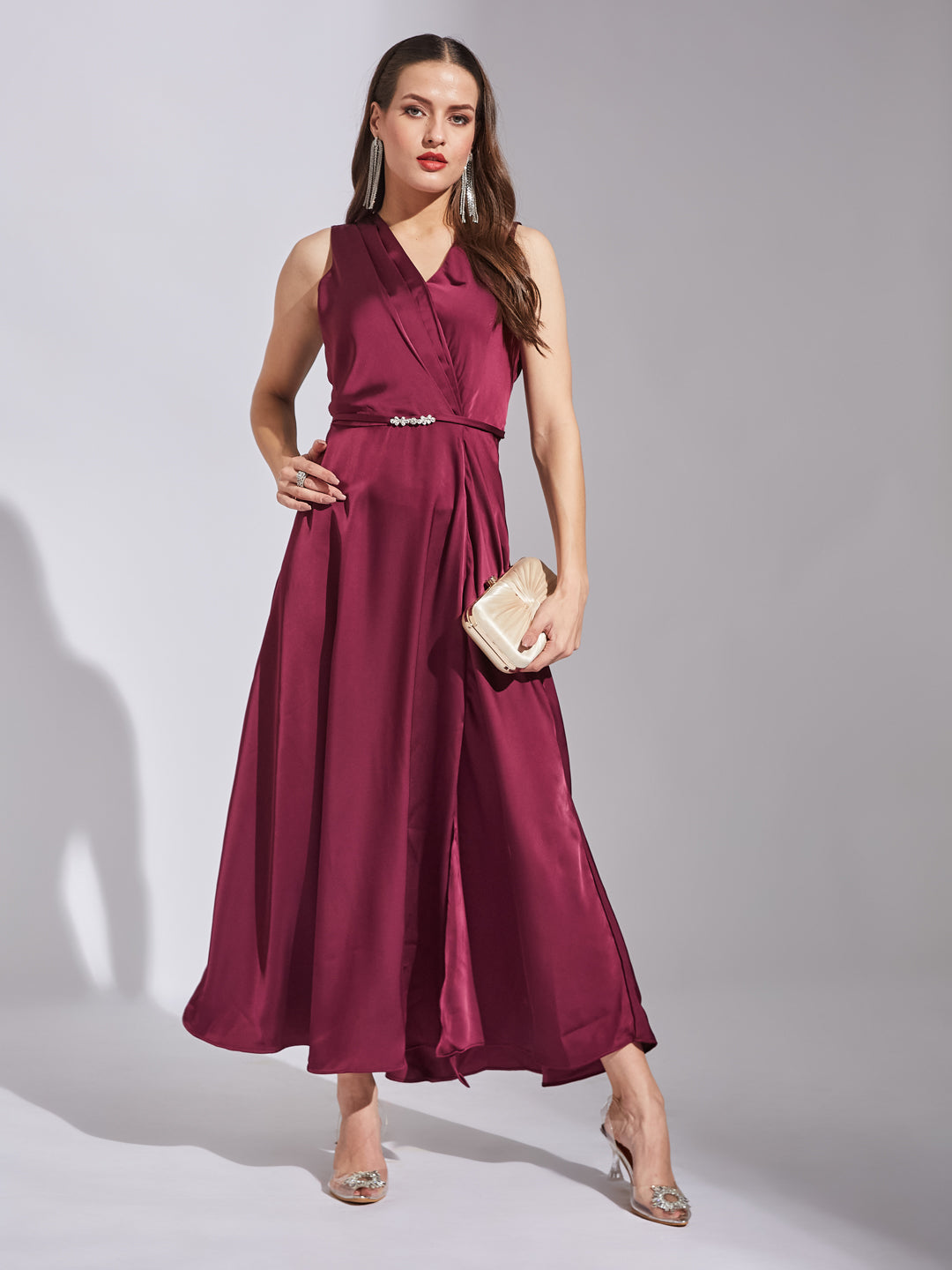 Latin Quarters Women Wine V-Neck Sleeveless Solid Dress