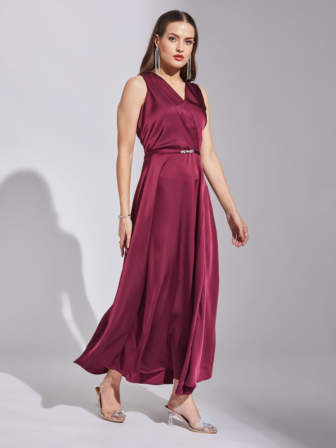 Latin Quarters Women Wine V-Neck Sleeveless Solid Dress