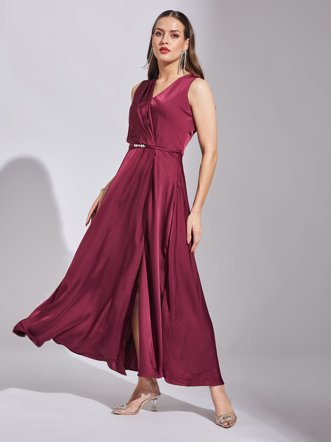 Latin Quarters Women Wine V-Neck Sleeveless Solid Dress