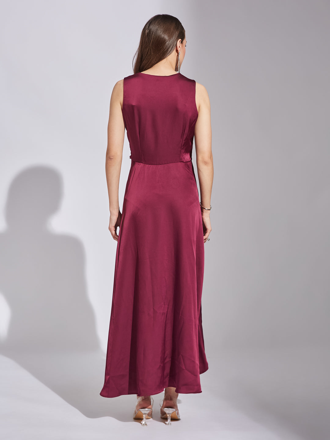 Latin Quarters Women Wine V-Neck Sleeveless Solid Dress