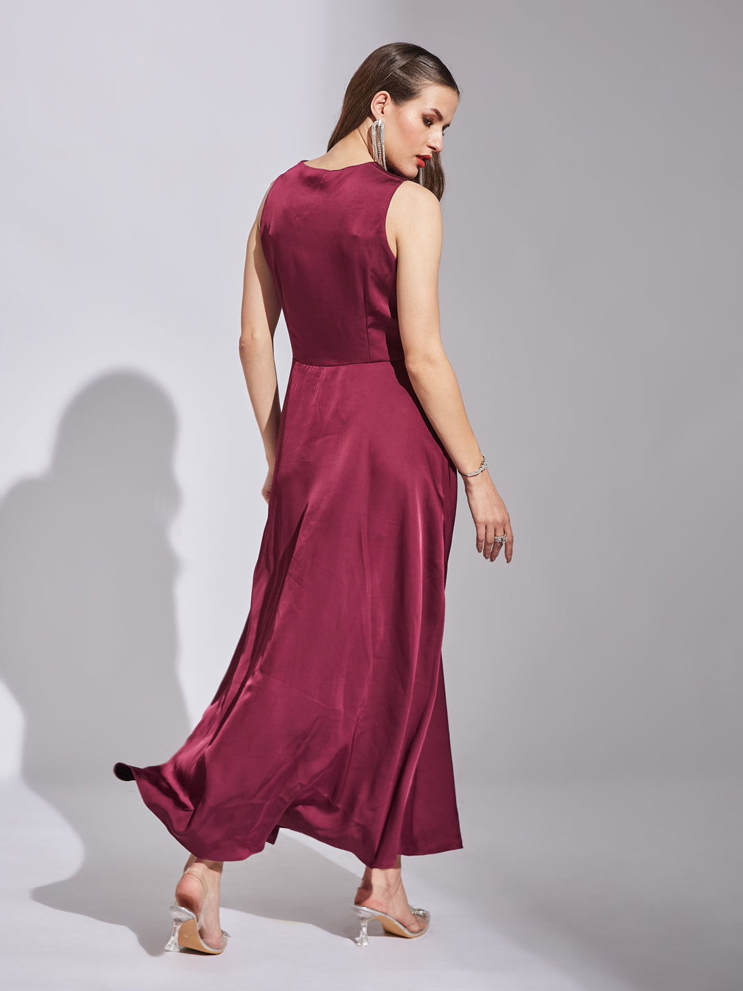 Latin Quarters Women Wine V-Neck Sleeveless Solid Dress
