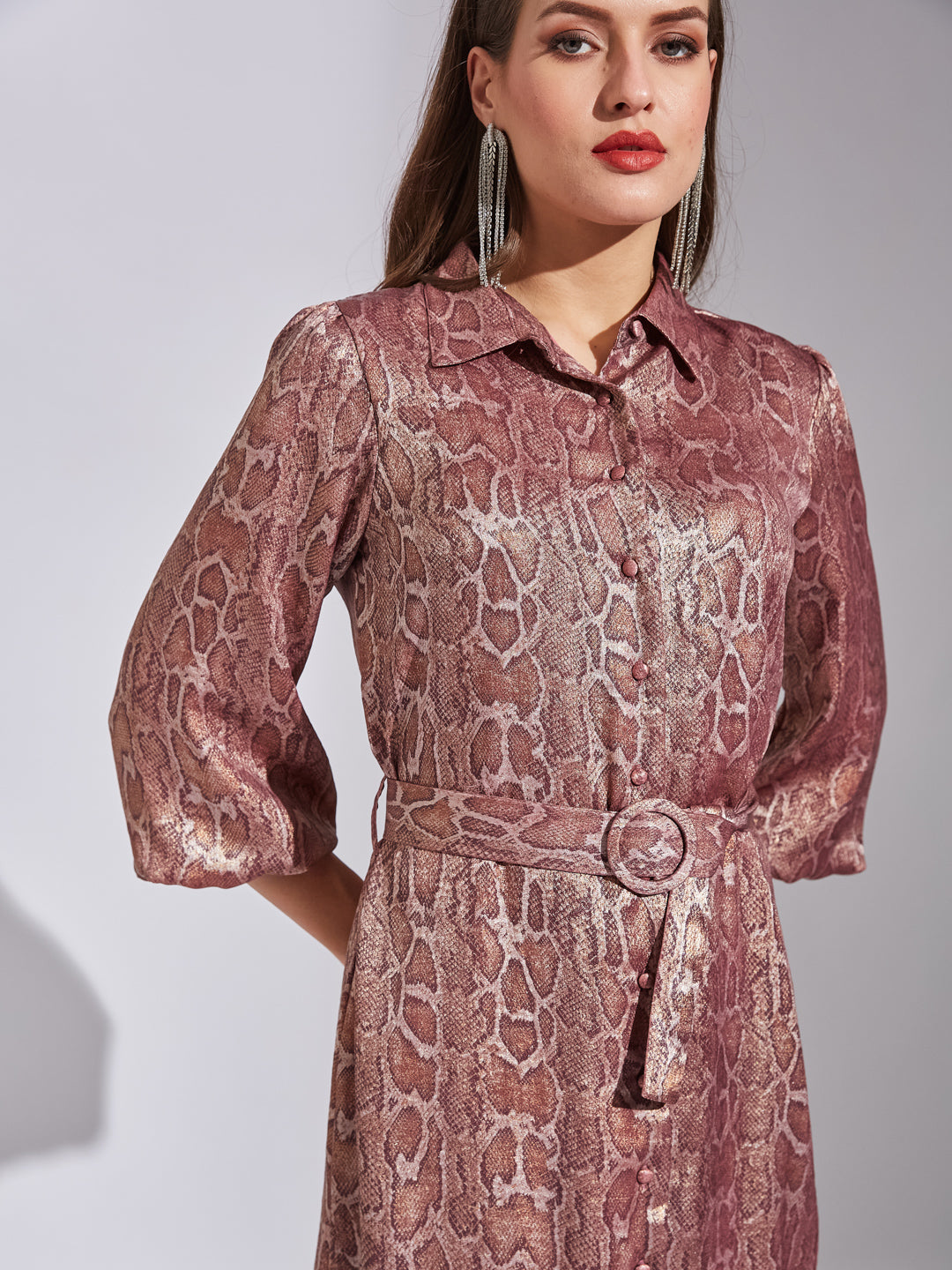 Latin Quarters Women Pink Shirt Collar 3/4Th Sleeves Printed Dress