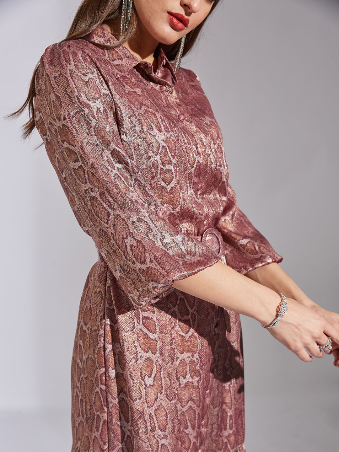Latin Quarters Women Pink Shirt Collar 3/4Th Sleeves Printed Dress