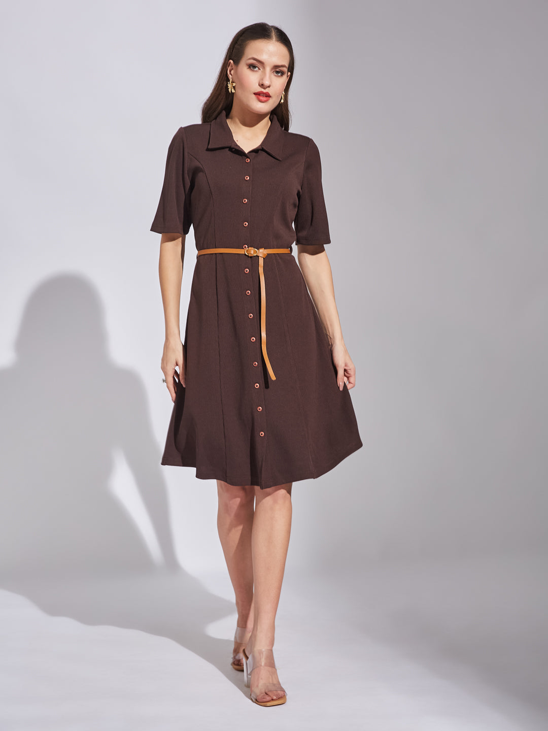 Latin Quarters Women Brown Shirt Collar Neck Half Sleeves Solid Dress