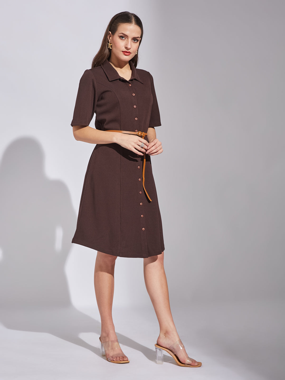 Latin Quarters Women Brown Shirt Collar Neck Half Sleeves Solid Dress