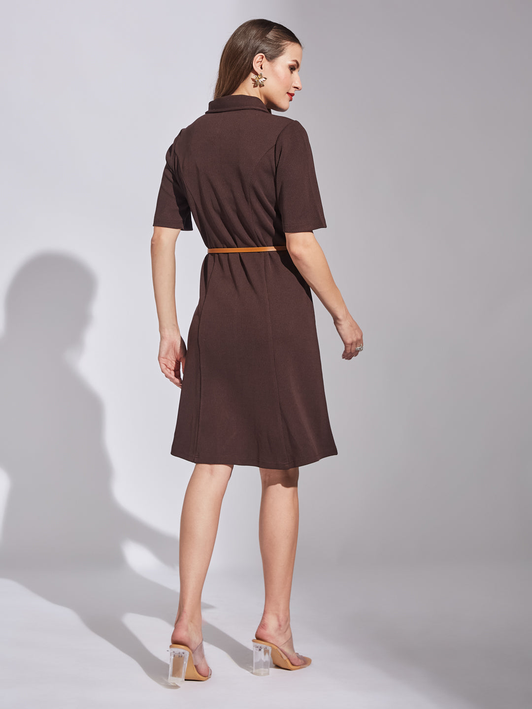 Latin Quarters Women Brown Shirt Collar Neck Half Sleeves Solid Dress