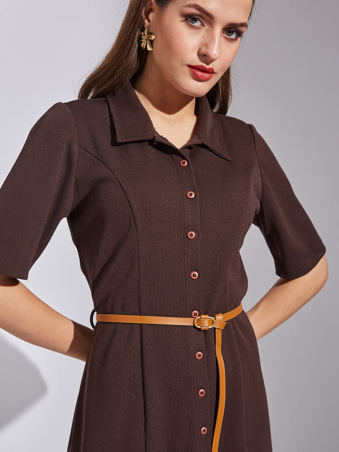 Latin Quarters Women Brown Shirt Collar Neck Half Sleeves Solid Dress