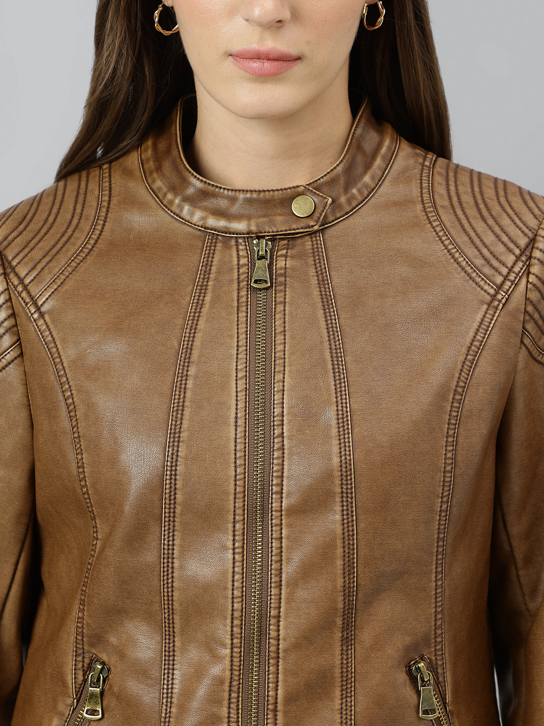 Cozy Brown Full Sleeve Round Neck Solid Casual Jacket For Effortless Warmth