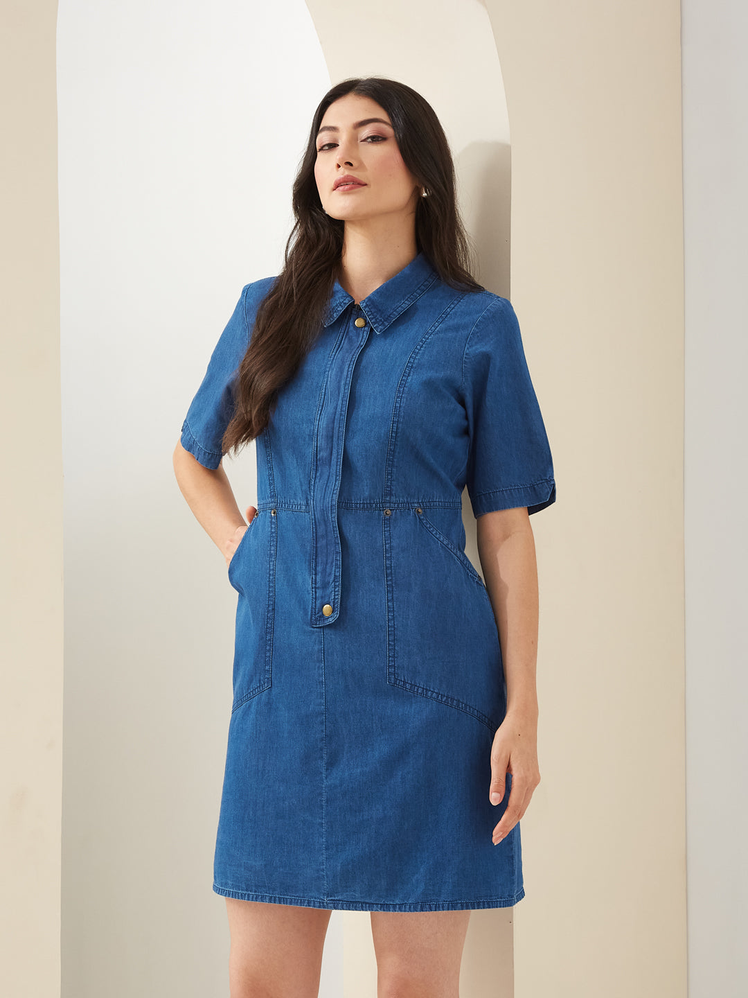 Latin Quarters Women Blue Denim Collared Half Sleeves Solid Casual Mini Dress
