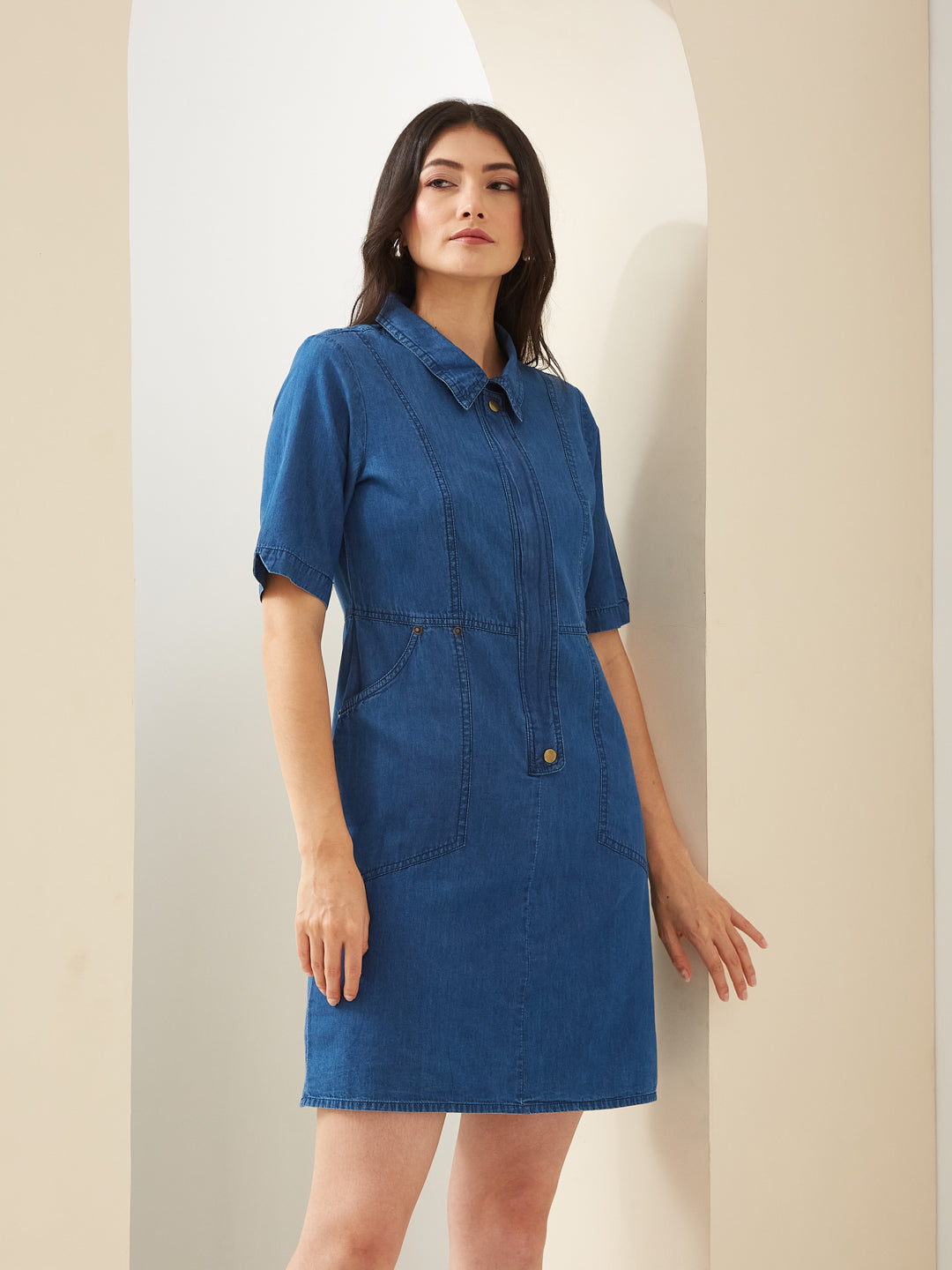 Latin Quarters Women Blue Denim Collared Half Sleeves Solid Casual Mini Dress