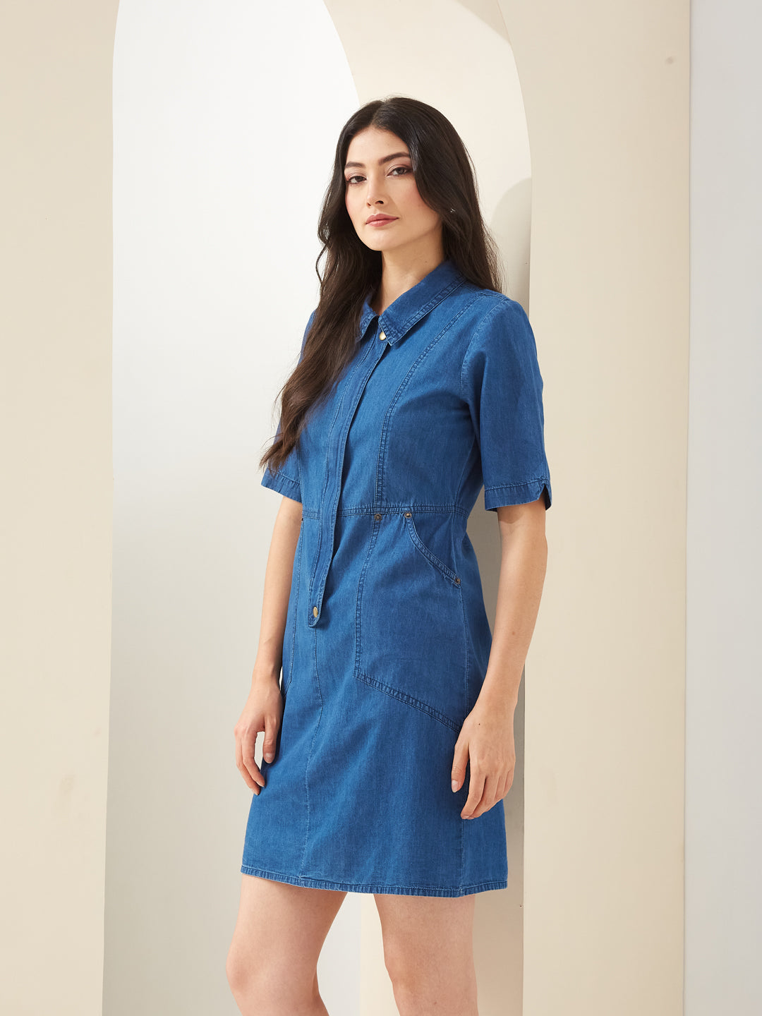 Latin Quarters Women Blue Denim Collared Half Sleeves Solid Casual Mini Dress