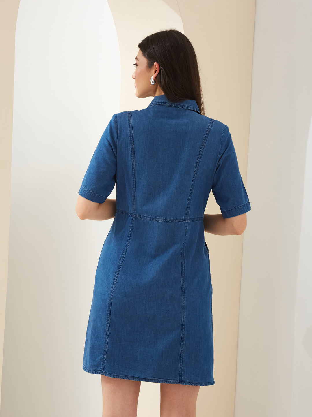 Latin Quarters Women Blue Denim Collared Half Sleeves Solid Casual Mini Dress