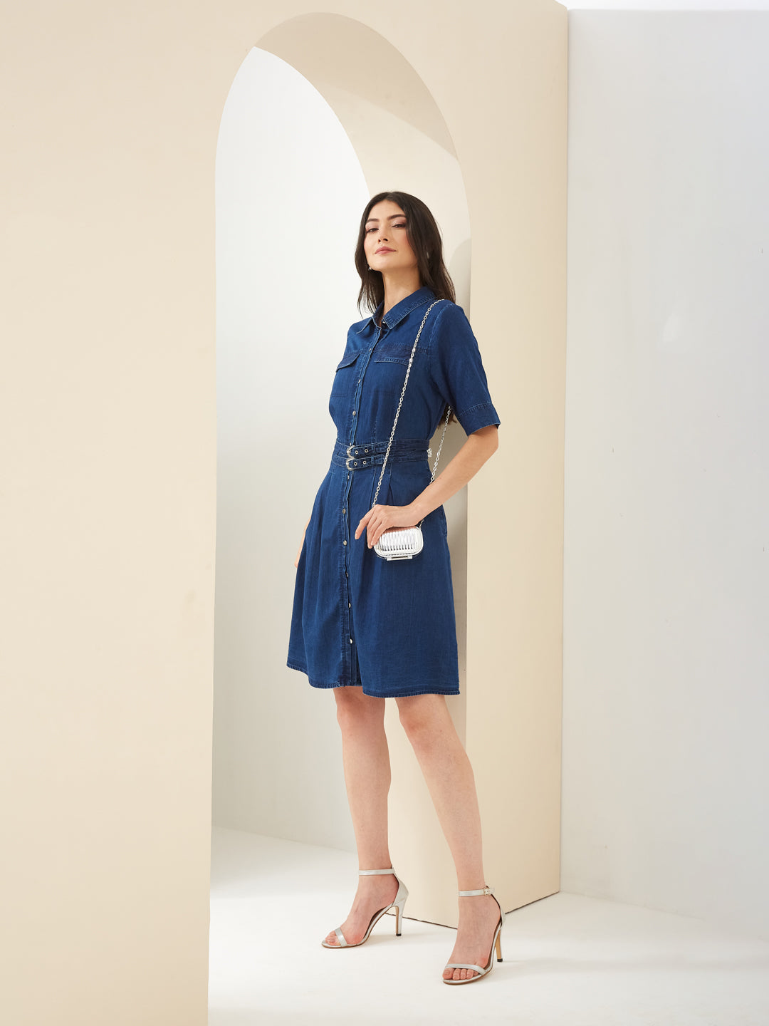 Latin Quarters Women Blue Denim Collared Half Sleeves Shirt Solid Casu