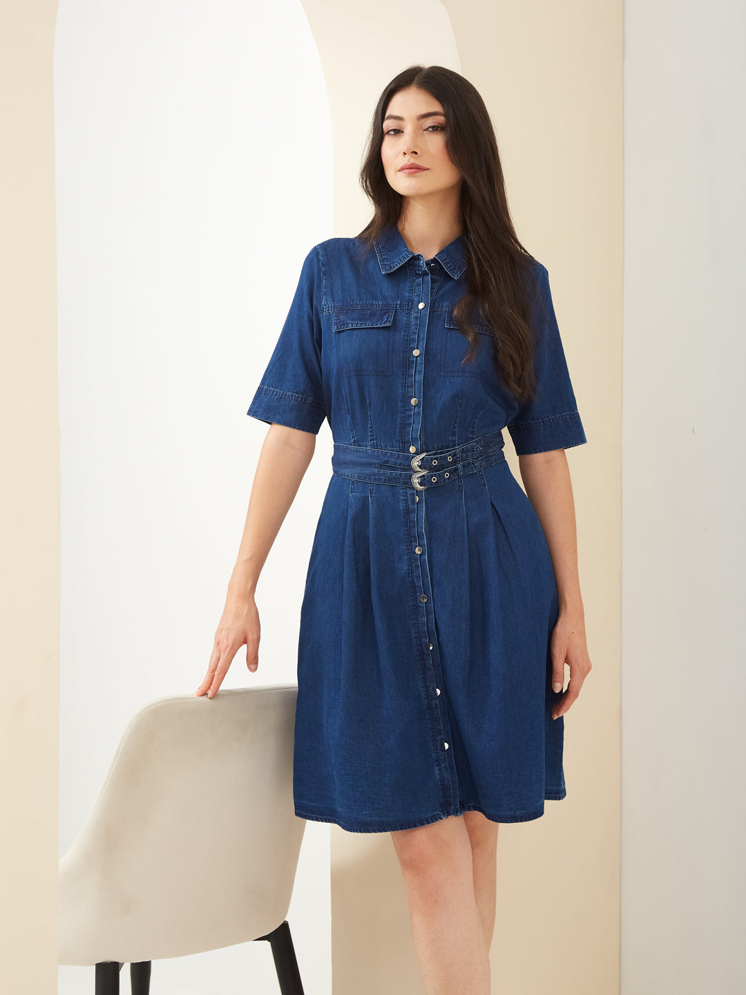 Latin Quarters Women Blue Denim Collared Half Sleeves A-Line Solid Casual Dress