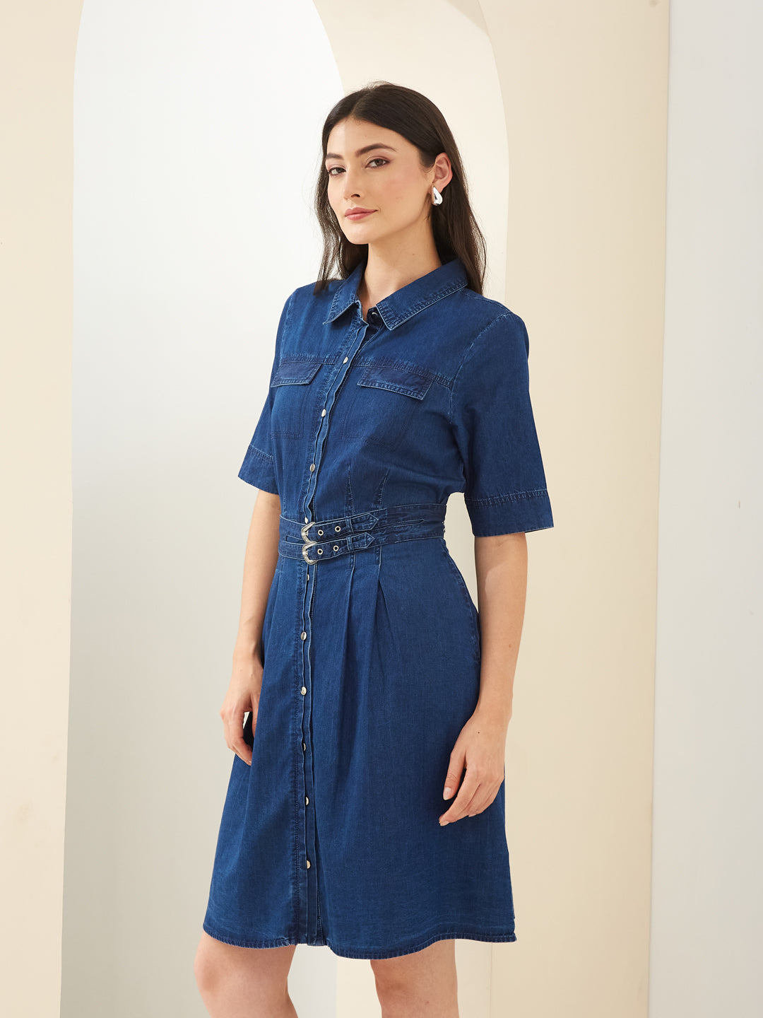Latin Quarters Women Blue Denim Collared Half Sleeves A-Line Solid Casual Dress