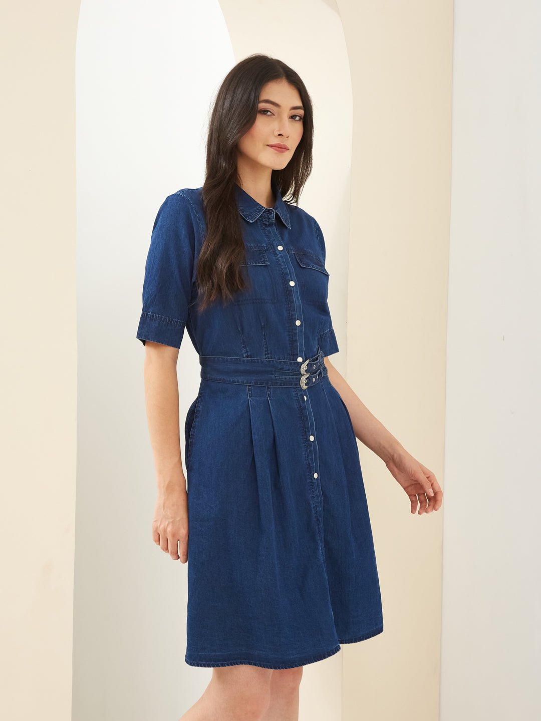 Latin Quarters Women Blue Denim Collared Half Sleeves A-Line Solid Casual Dress