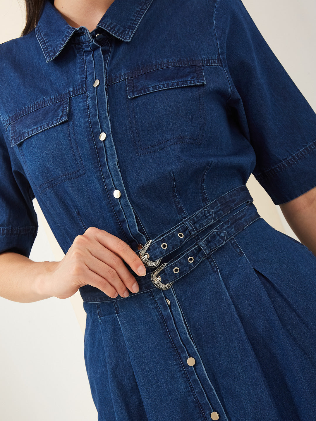 Latin Quarters Women Blue Denim Collared Half Sleeves A-Line Solid Casual Dress