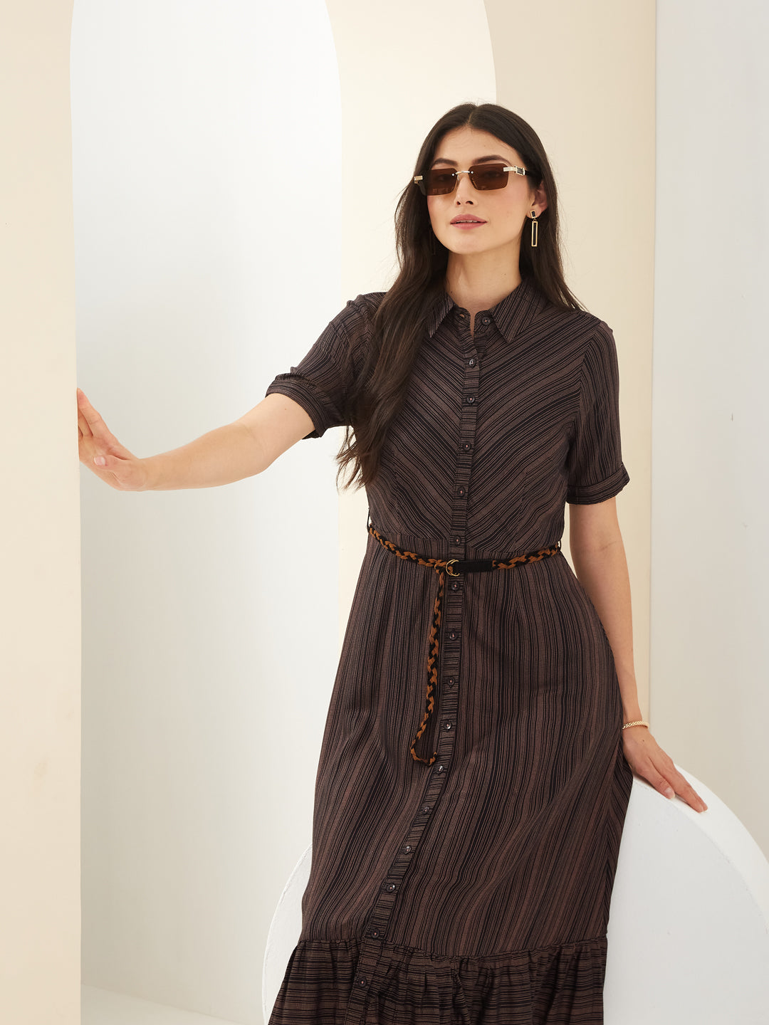 Latin Quarters Women Black Collared Half Sleeves Striped Casual Dress