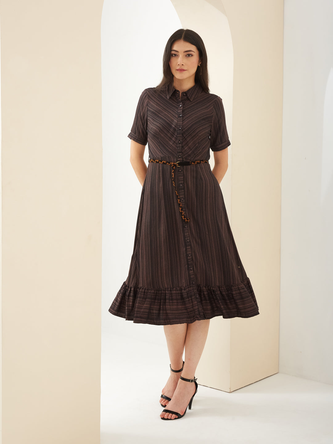 Latin Quarters Women Black Collared Half Sleeves Striped Casual Dress