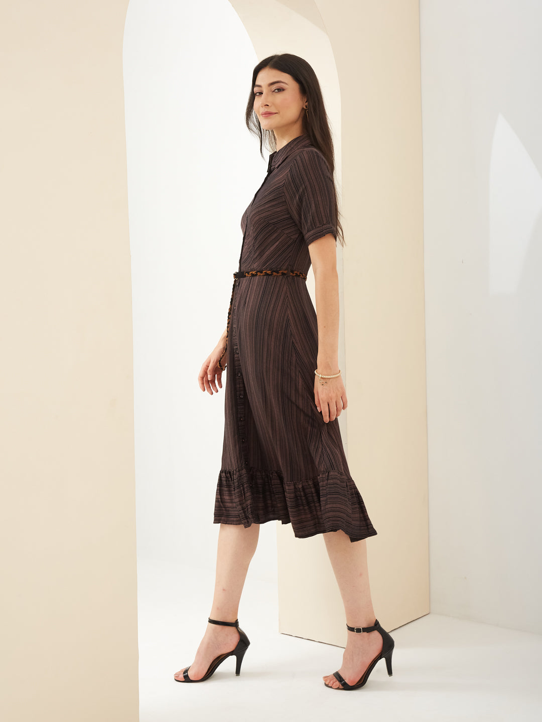 Latin Quarters Women Black Collared Half Sleeves Striped Casual Dress