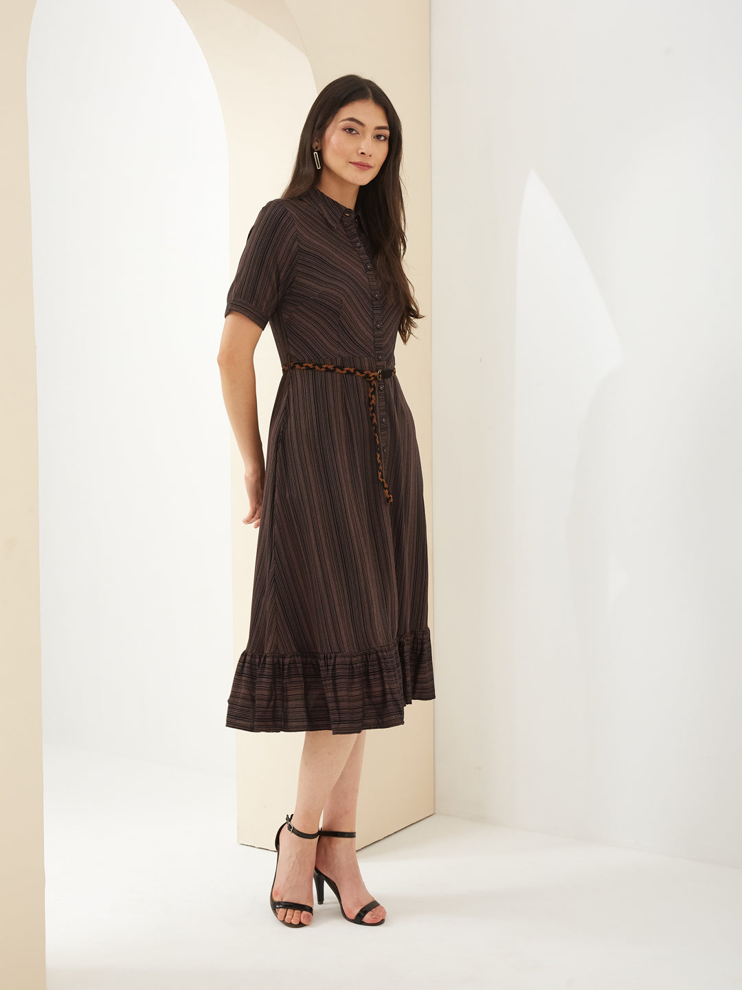 Latin Quarters Women Black Collared Half Sleeves Striped Casual Dress