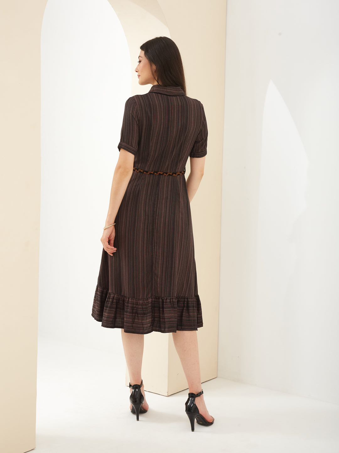 Latin Quarters Women Black Collared Half Sleeves Striped Casual Dress