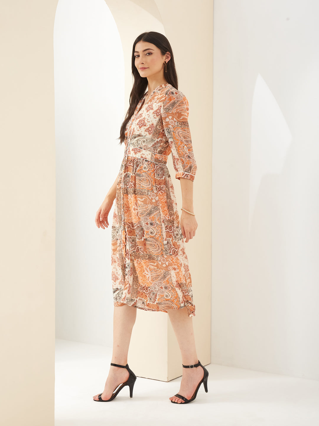 Latin Quarters Women Orange Mandarin 3/4Th Sleeves A-Line Printed Casual Dress