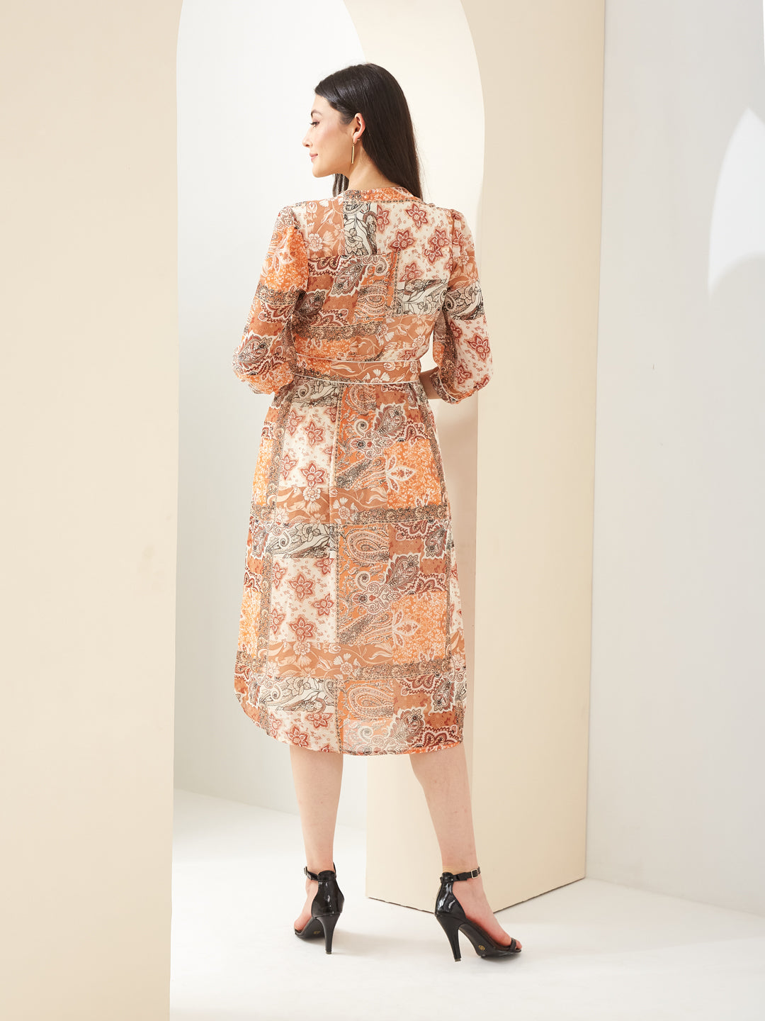 Latin Quarters Women Orange Mandarin 3/4Th Sleeves A-Line Printed Casual Dress