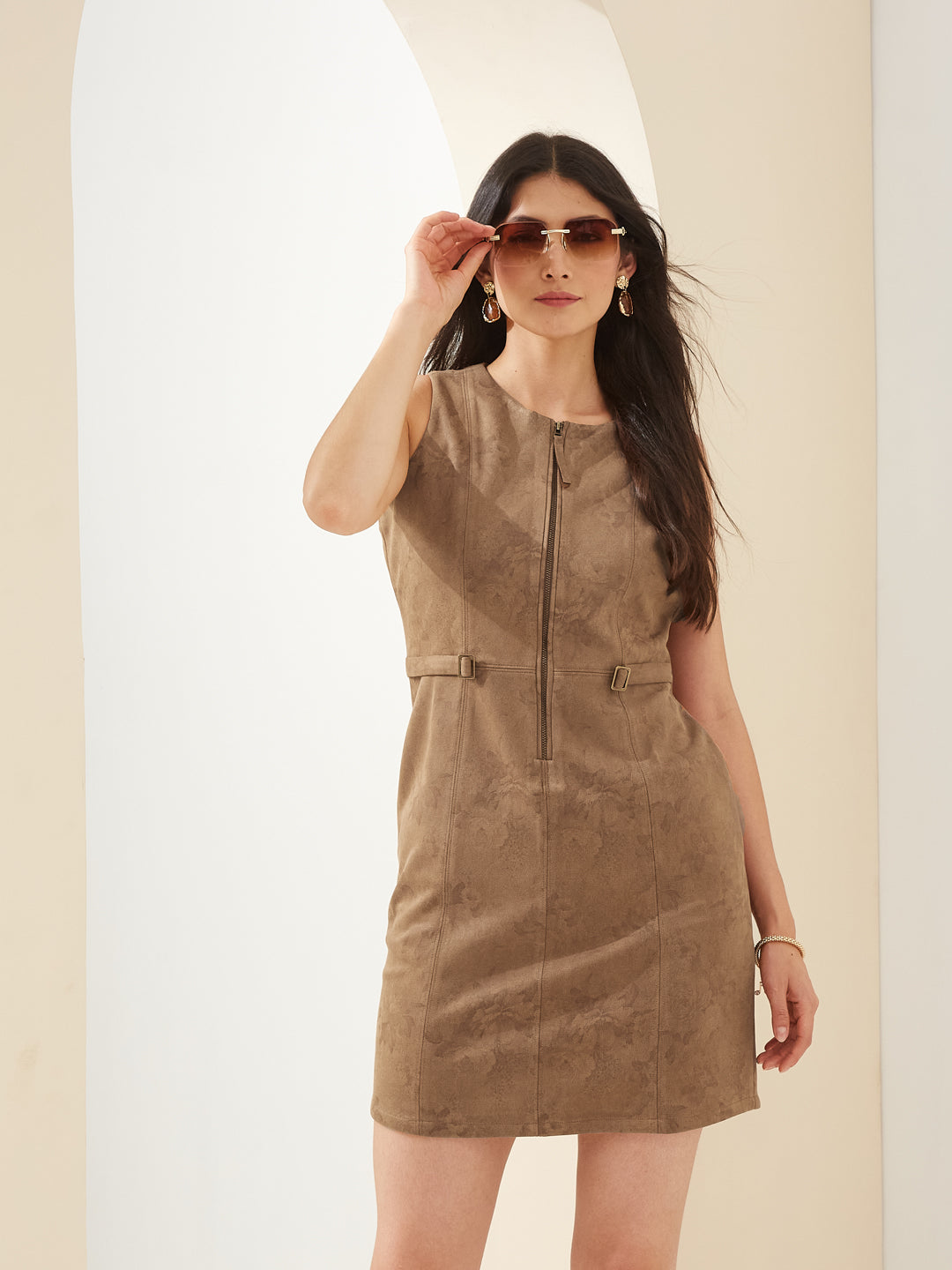 Latin Quarters Women Brown Round Sleeveless Bodycon Solid Casual Dress