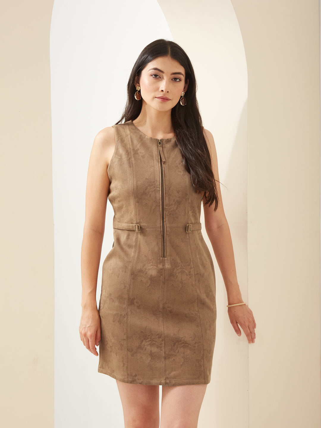 Latin Quarters Women Brown Round Sleeveless Bodycon Solid Casual Dress
