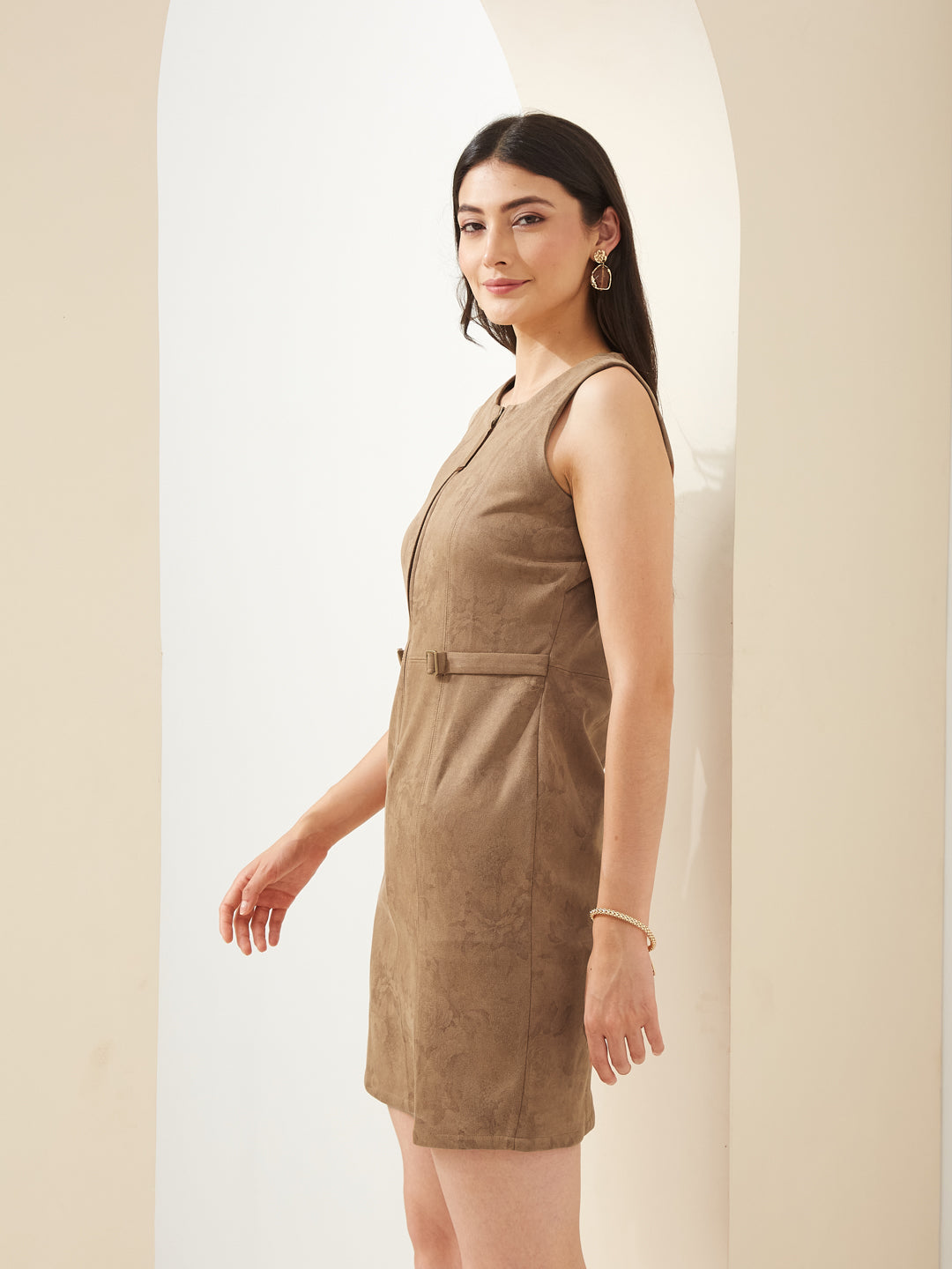 Latin Quarters Women Brown Round Sleeveless Bodycon Solid Casual Dress