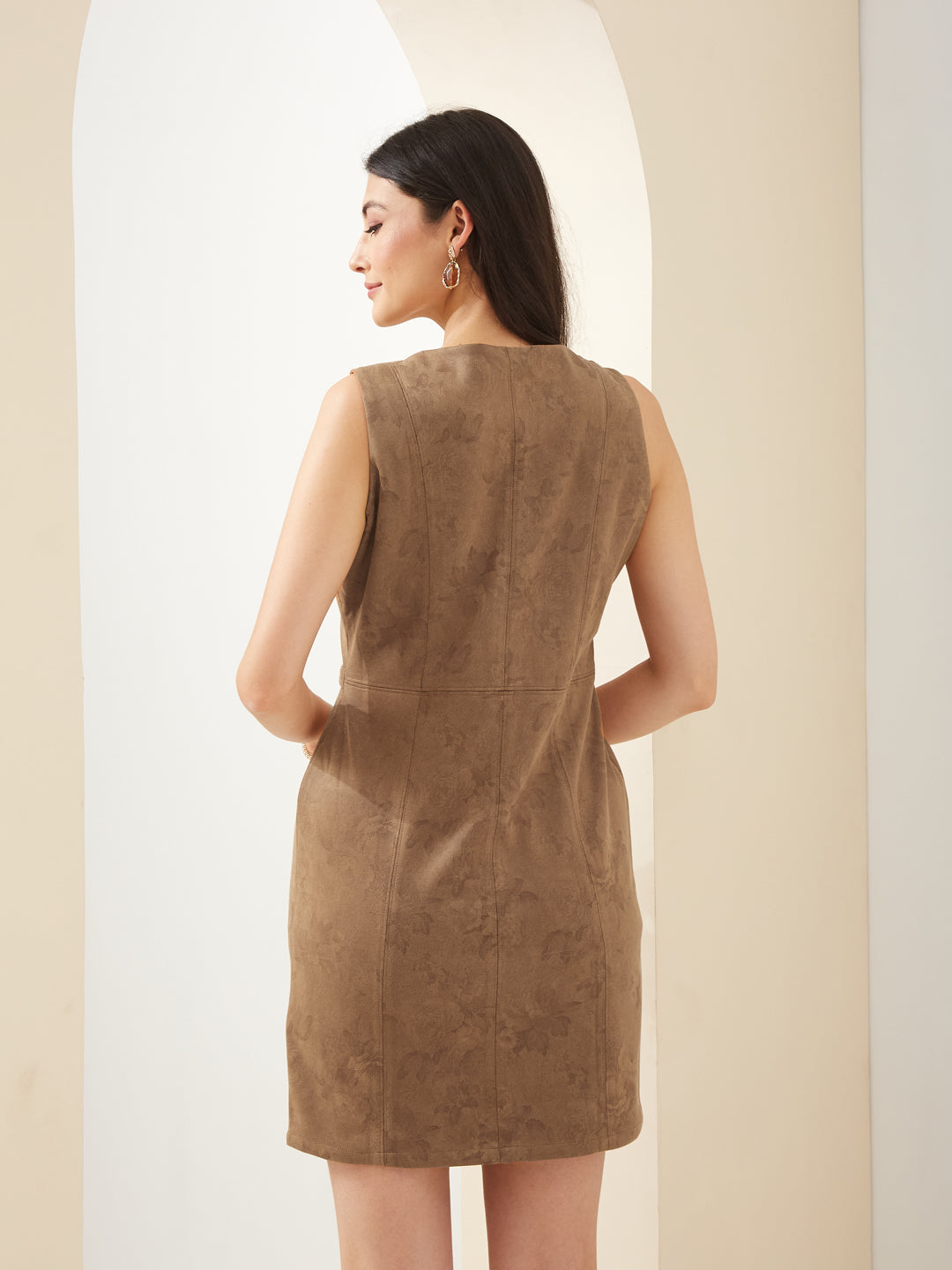 Latin Quarters Women Brown Round Sleeveless Bodycon Solid Casual Dress