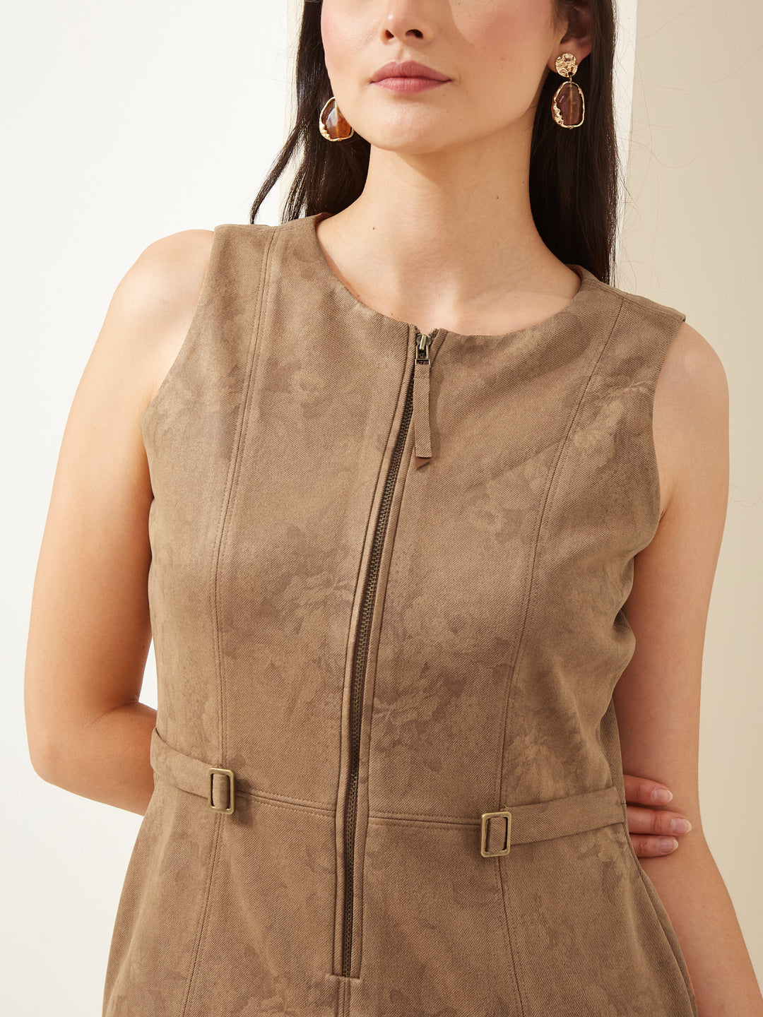 Latin Quarters Women Brown Round Sleeveless Bodycon Solid Casual Dress