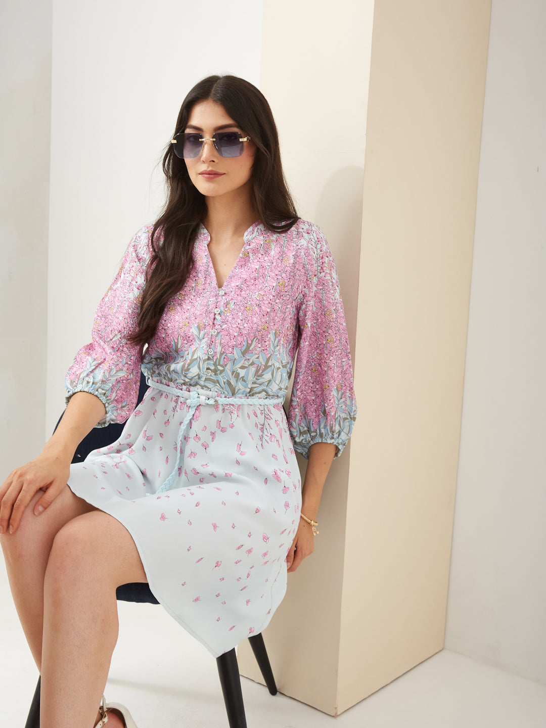 Latin Quarters Women Pink Mandarin Collar 3/4th Sleeves Fit & Flare Printed Casual Dress