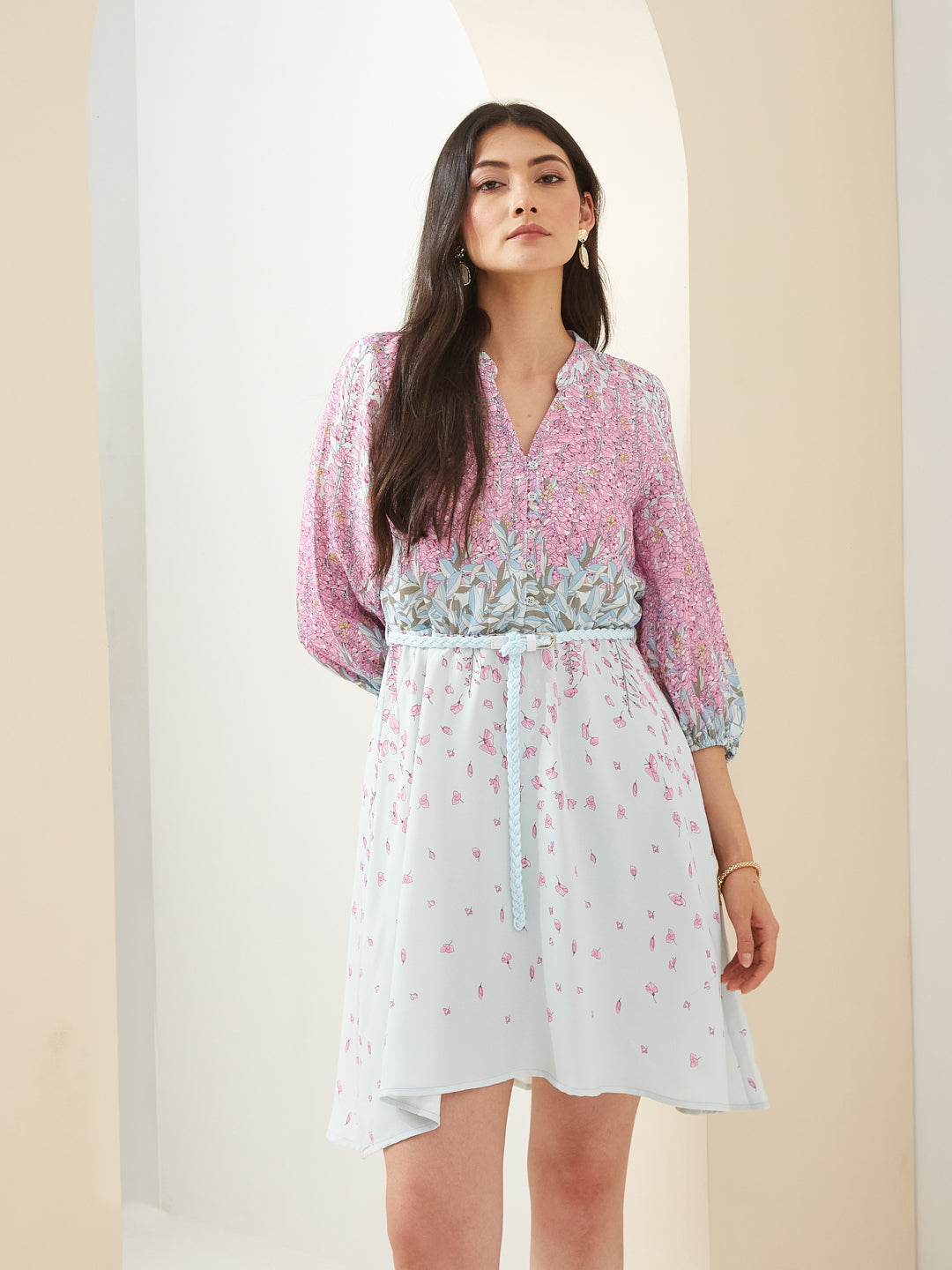 Latin Quarters Women Pink Mandarin Collar 3/4th Sleeves Fit & Flare Printed Casual Dress