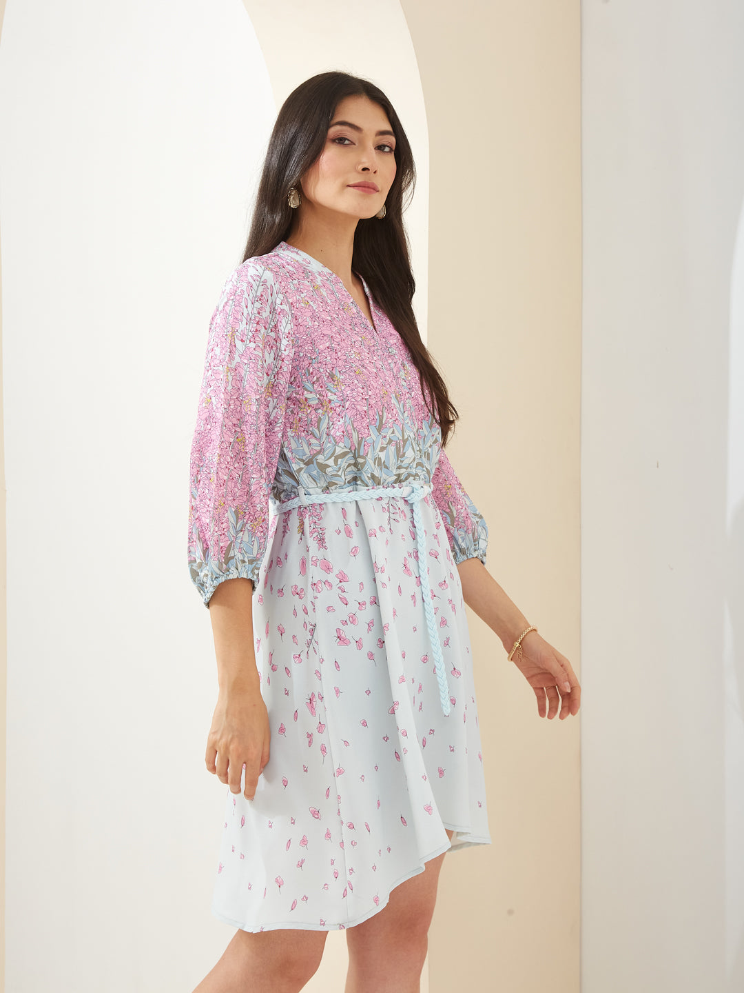 Latin Quarters Women Pink Mandarin Collar 3/4th Sleeves Fit & Flare Printed Casual Dress