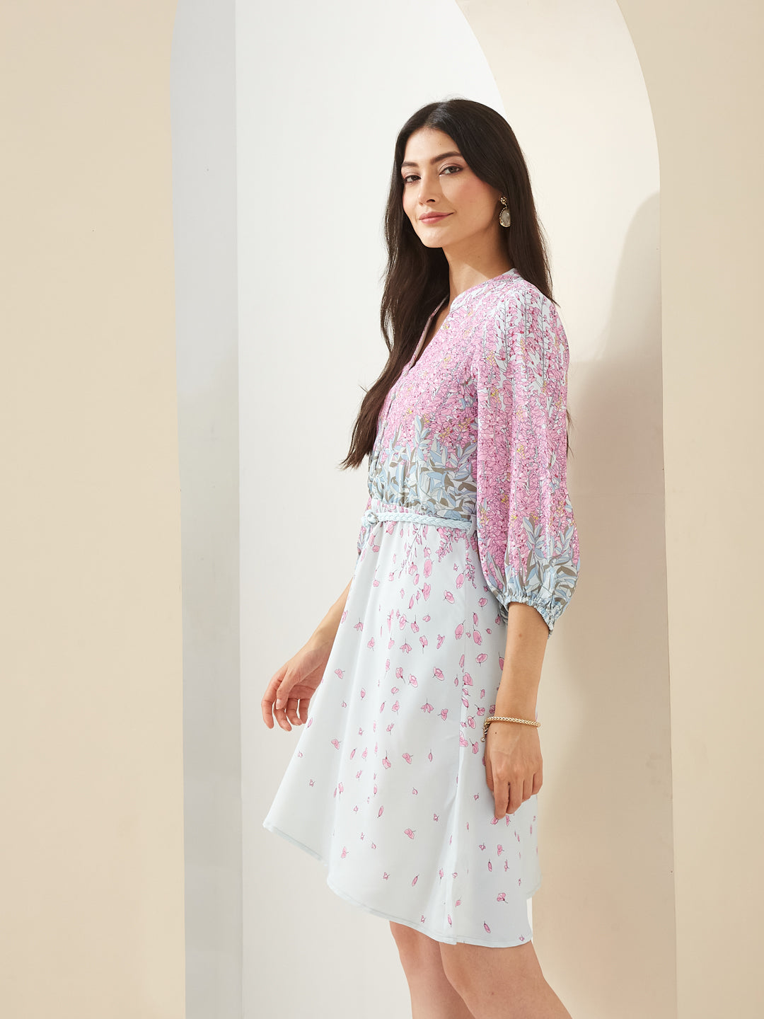 Latin Quarters Women Pink Mandarin Collar 3/4th Sleeves Fit & Flare Printed Casual Dress