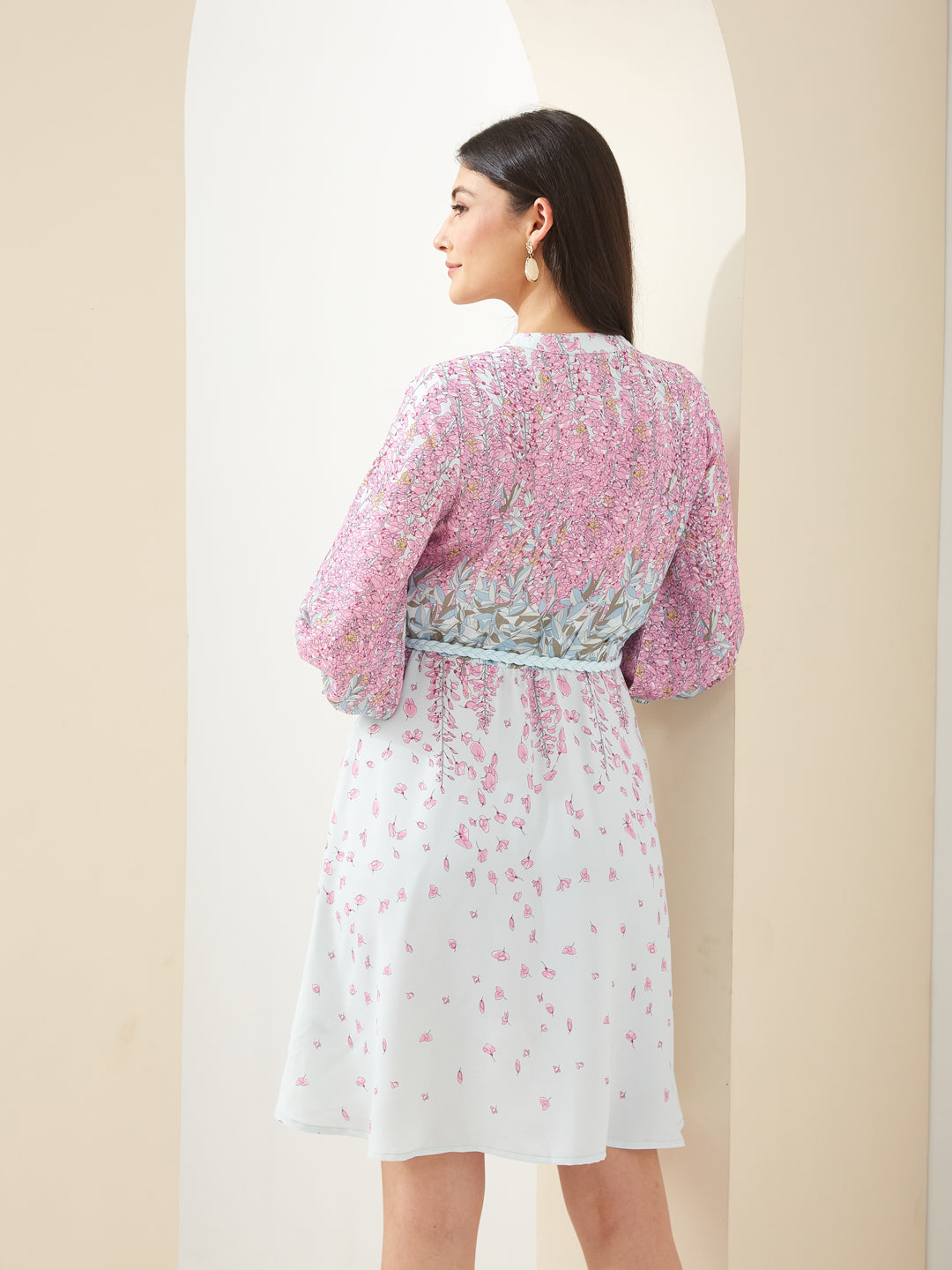 Latin Quarters Women Pink Mandarin Collar 3/4th Sleeves Fit & Flare Printed Casual Dress