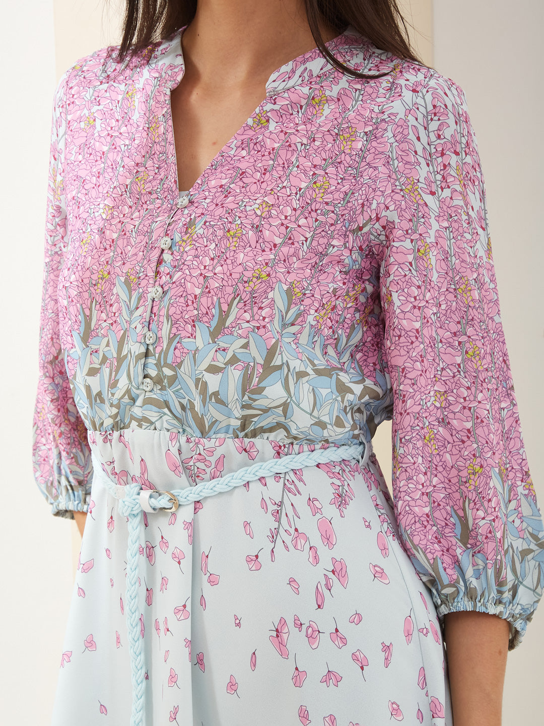 Latin Quarters Women Pink Mandarin Collar 3/4th Sleeves Fit & Flare Printed Casual Dress