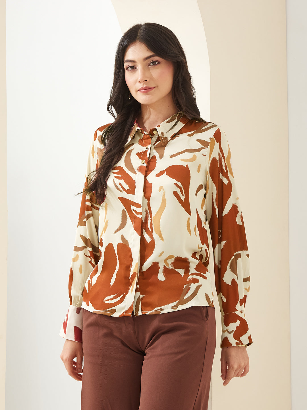 Latin Quarters Women Rust Collared Full Sleeves Printed Casual Shirt